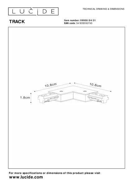 Lucide TRACK L-koppelstuk - 1-fase Railsysteem / Railverlichting - Rechts - Wit (Uitbreiding) - technisch